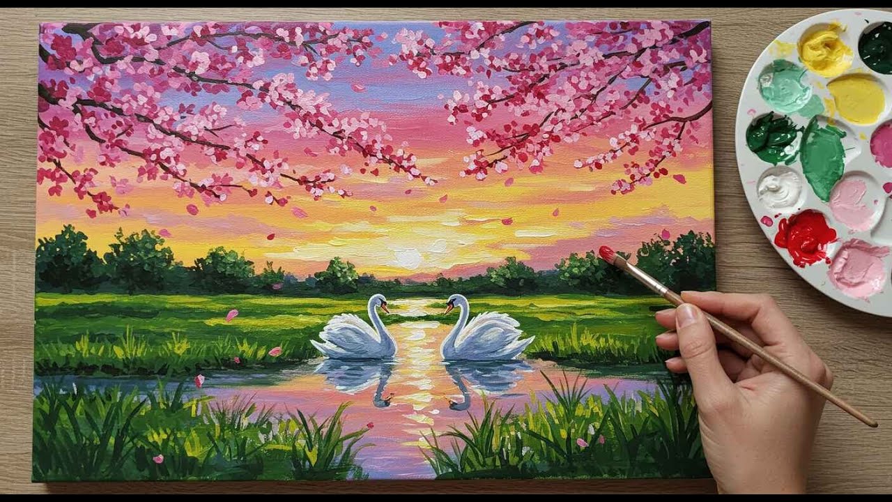 Swan Acrylic Painting Tutorial | Cherry Blossom Scenery Painting