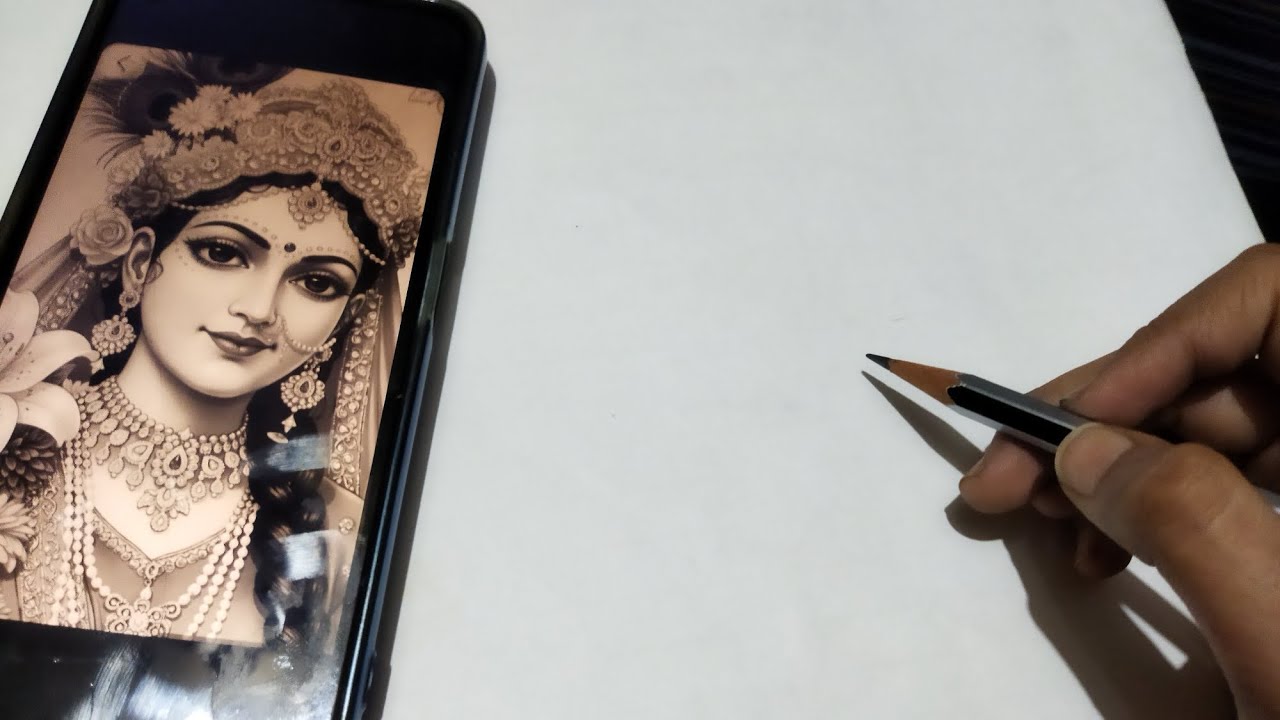 Saraswati Devi Drawing, Sketch With Shading, Outline Tutorial 😍