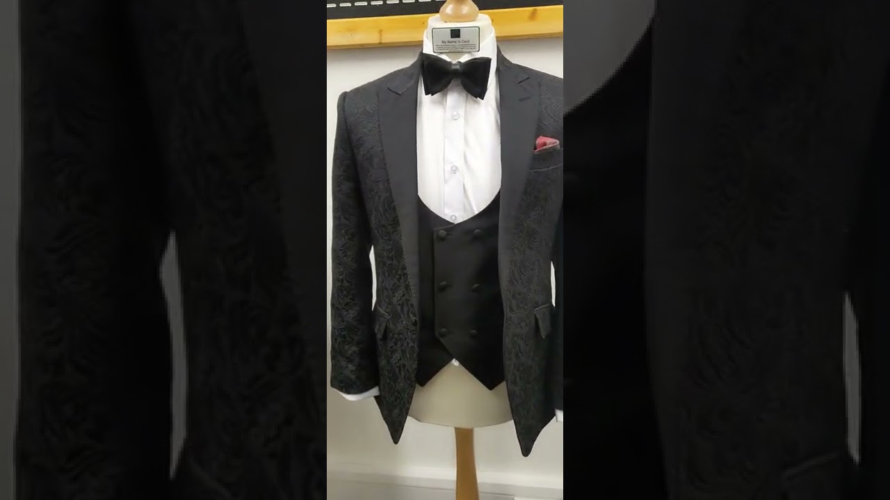 Black Tie - Wedding Attire Black Brocade + Wool Peaked Lapel + DB Waistcoat + Accessories