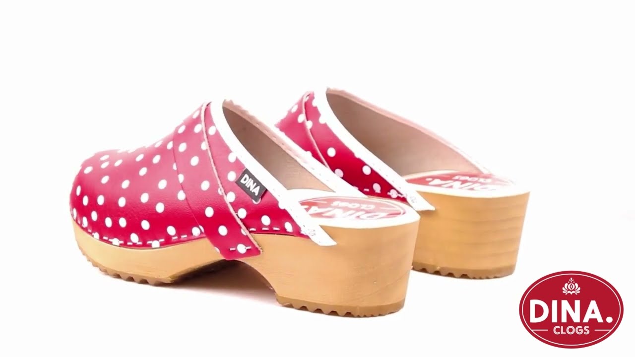 Dina's Zweedse klompen Polka Dots - Rood met stip - Houten zool en leren kap