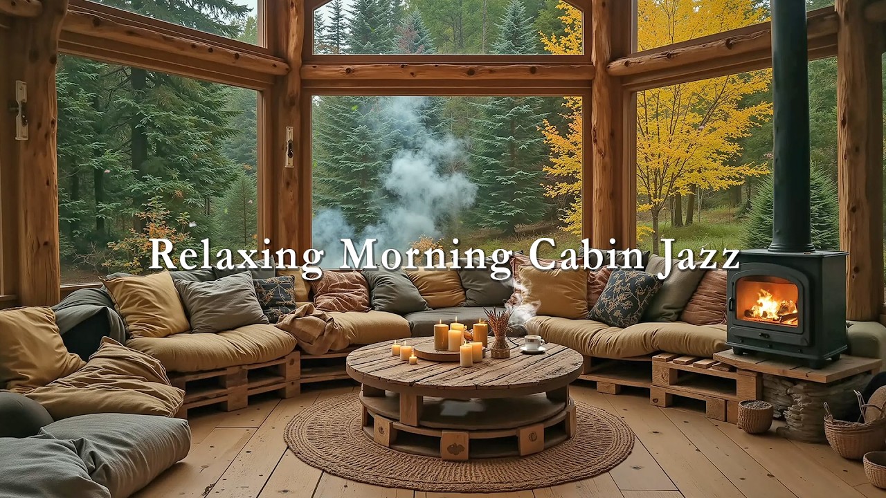 Relaxing Morning Cabin Jazz 🌿 Cozy Fireplace Warmth & Calm Forest Views