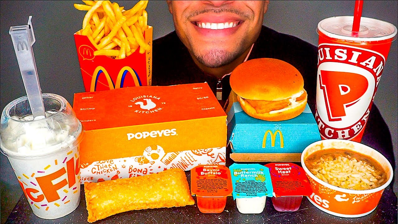 ASMR MCDONALDS VS POPEYES ULTIMATE FEAST MUKBANG CHICKEN NUGGETS SHRIMP FISH OREO MCFLURRY