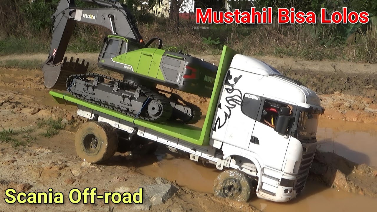 Rungkat Truk Trado Scania Muatan Ekskavator Zoomlion Lewati Lumpur Roda Depan Patah | RC Truk