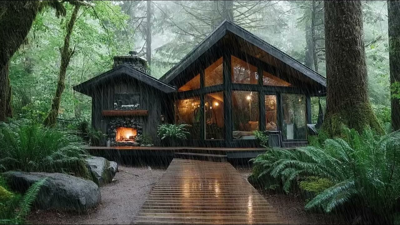 Relaxing Soundscape of Cozy Cabin in the Woods With Raining 🌲| Peaceful Night Rain for Deep Sleep
