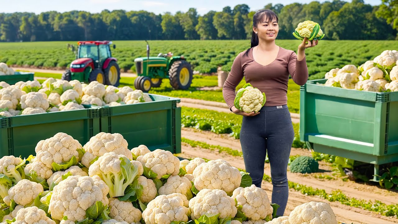 Harvesting A Lot Of Cauliflower Goes To Countryside Market Sell - Daily Life