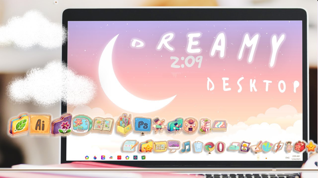 HOW TO MAKE YOUR LAPTOP AESTHETICS Part 2 || ☁️ DREAMY DESKTOP ☁️ + Cute  Floating Bar Icons 🌙✧