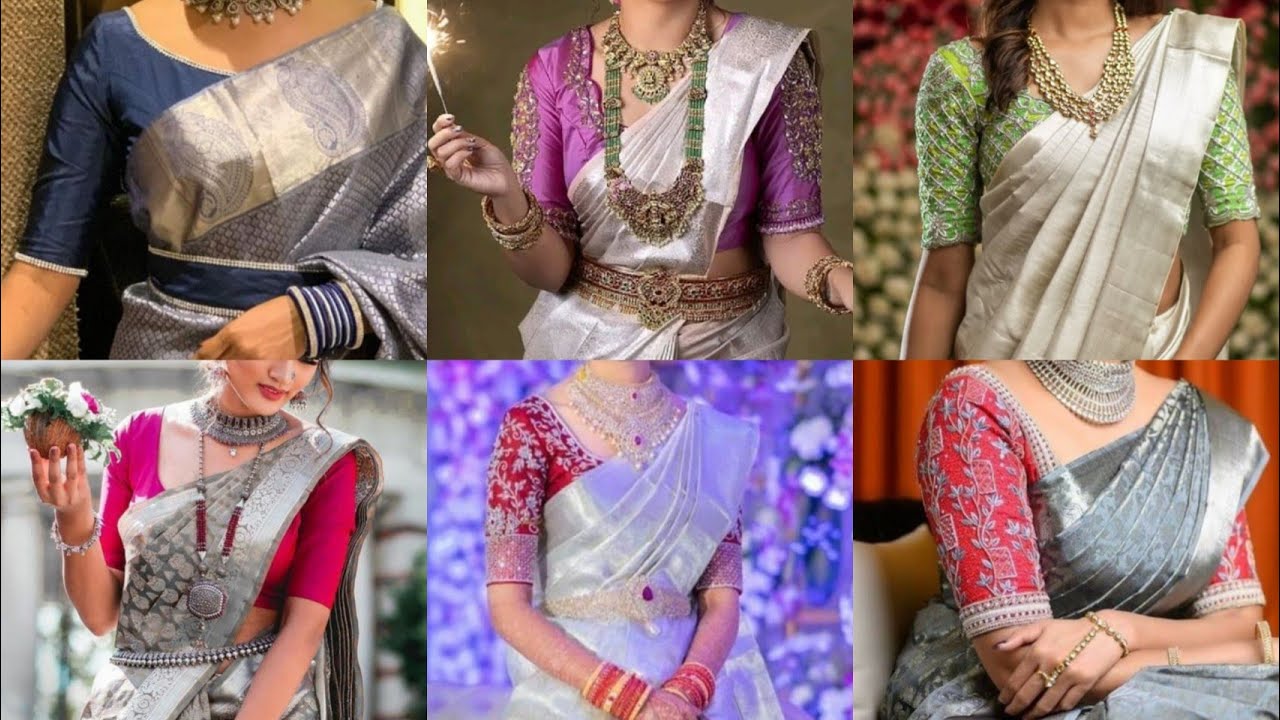 Silver Saree With Contrast Blouse Designs | silver Saree Blouse Colour Combination ideas