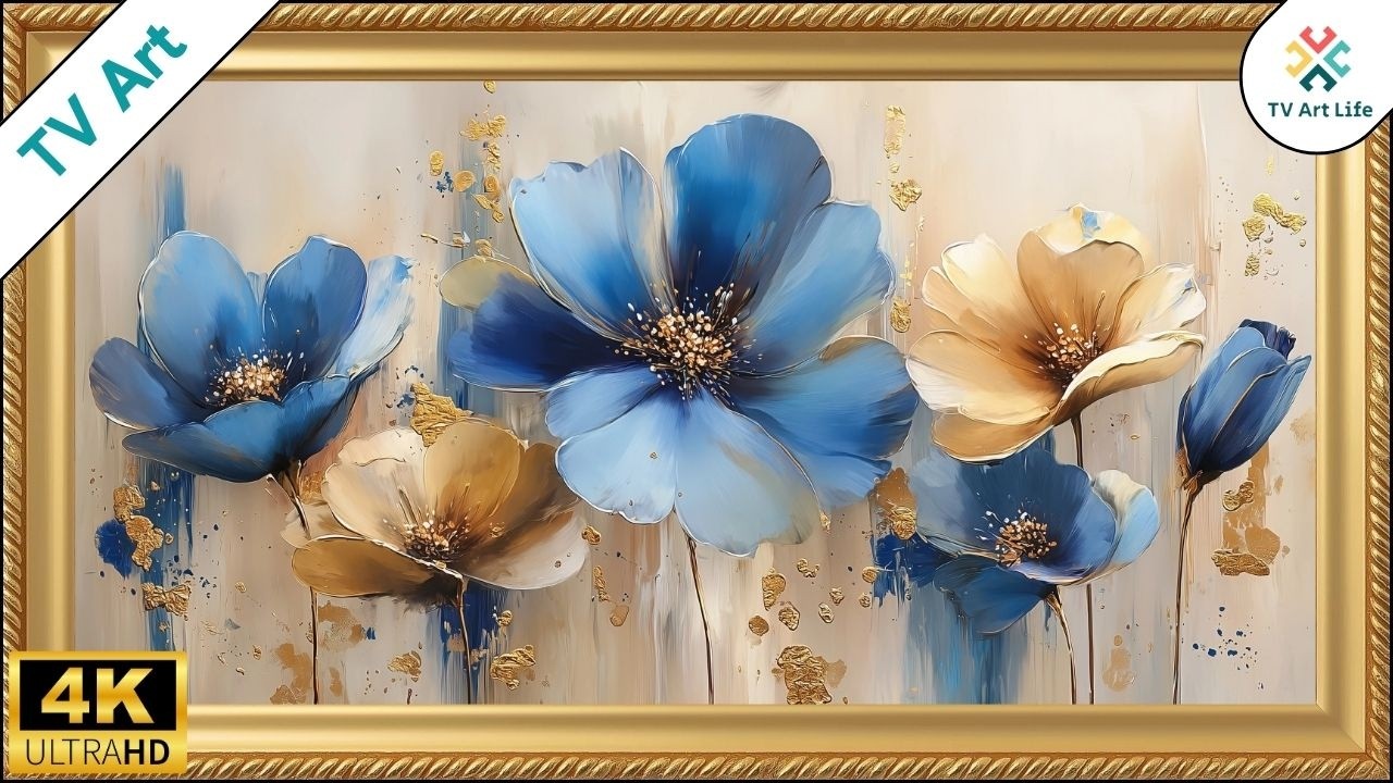 Elegant Floral Wall Art for TV | Blue and Gold Frame TV Screensaver 4 Hours