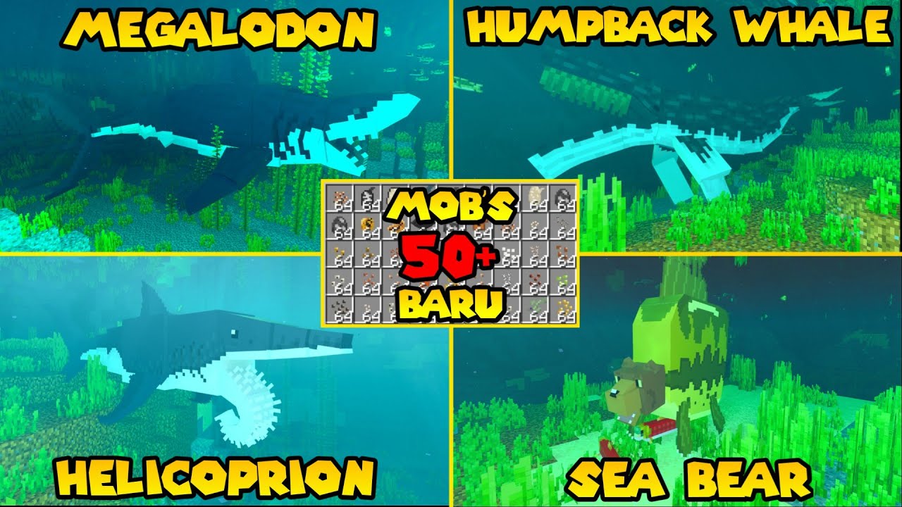 50+ MOBS BARU !! ADDON HEWAN BAWAH LAUT MCPE GRATIS ADA MEGALODON !!