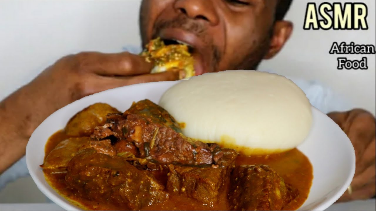 ASMR FUFU AND OKRA SOUP WITH GOATMEAT | african food | fufu mukbang