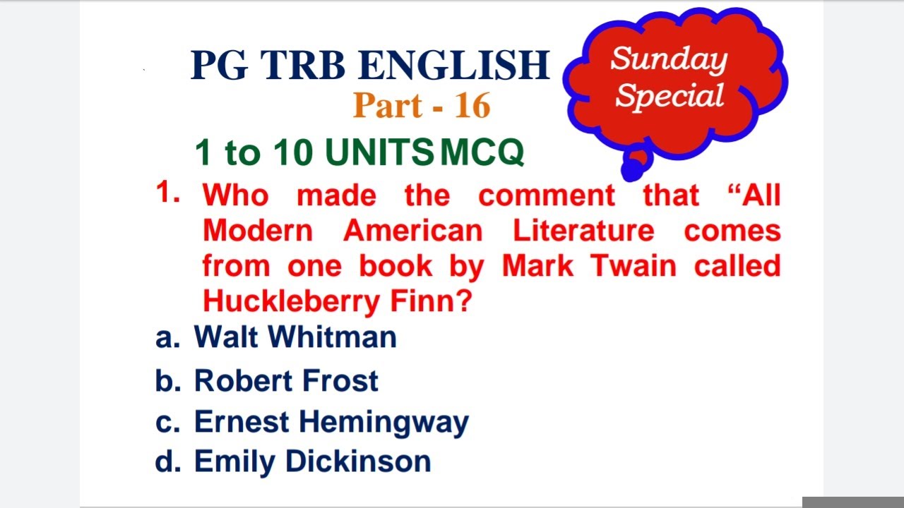 PG TRB ENGLISH 1 to 10 Units Important MCQ Part 16Sunday Special
