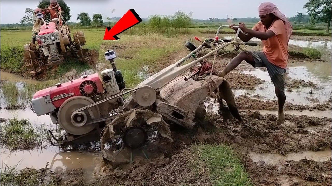 When My Kamco Power Tiller Was Crossed A Big Bund || Power Tiller Stuck In Deep Mud & Rescue ||