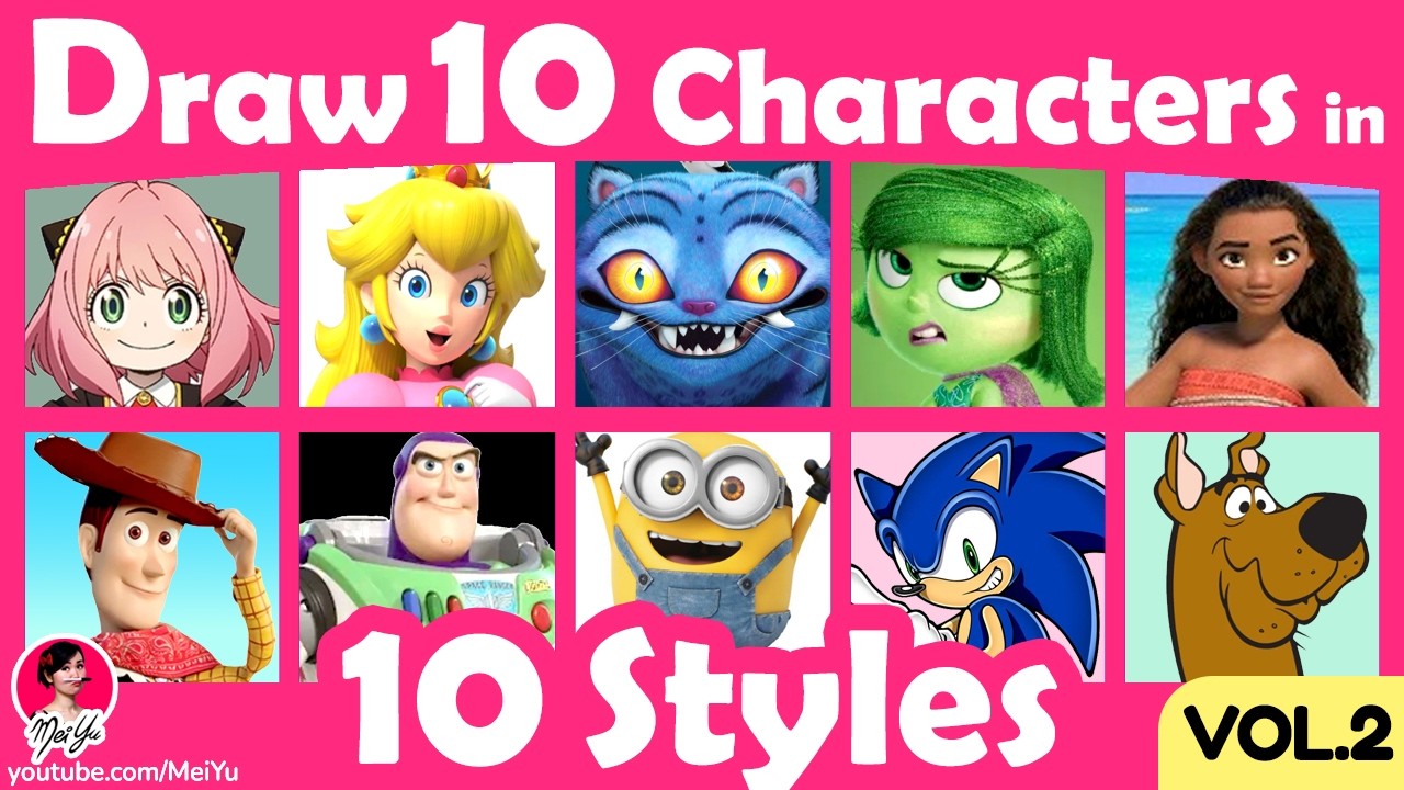 Draw 10 Characters in 10 Art Styles Swap Challenge | New Kawaii Drawing School Book by Mei Yu