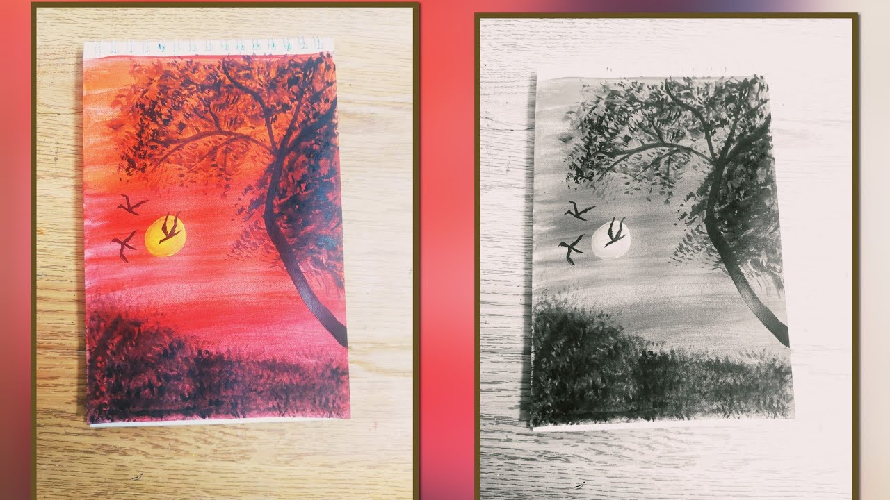 Easy Sunset scenery painting for Beginners /how to draw birds flying in the sunset sky