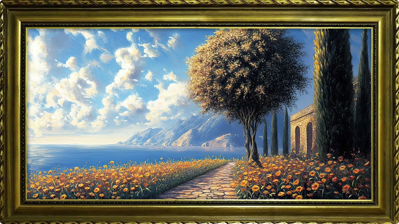 Flowers and the Ocean Italy Oil Painting for TV Art Display | Elegant Golden Frame Wall Decor | 2H