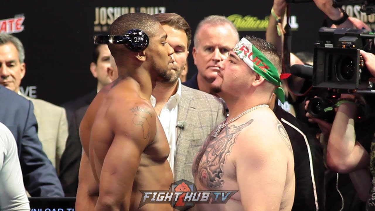 ANTHONY JOSHUA LOOKS DOWN AT ANDY RUIZ JR AT WEIGH IN FACE OFF - FULL WEIGH IN VIDEO