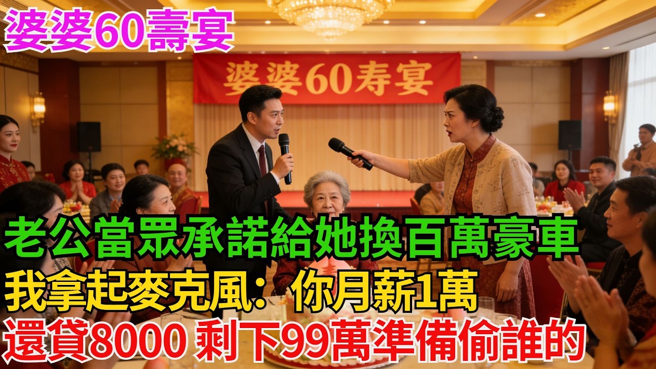 婆婆60壽宴，老公當眾承諾給她換百萬豪車，全場鼓掌，我拿起麥克風：你月薪1萬，還貸8000，剩下99萬準備偷誰的？【阿馨夜讀】#故事分享#情感#婆媳矛盾#AA制
