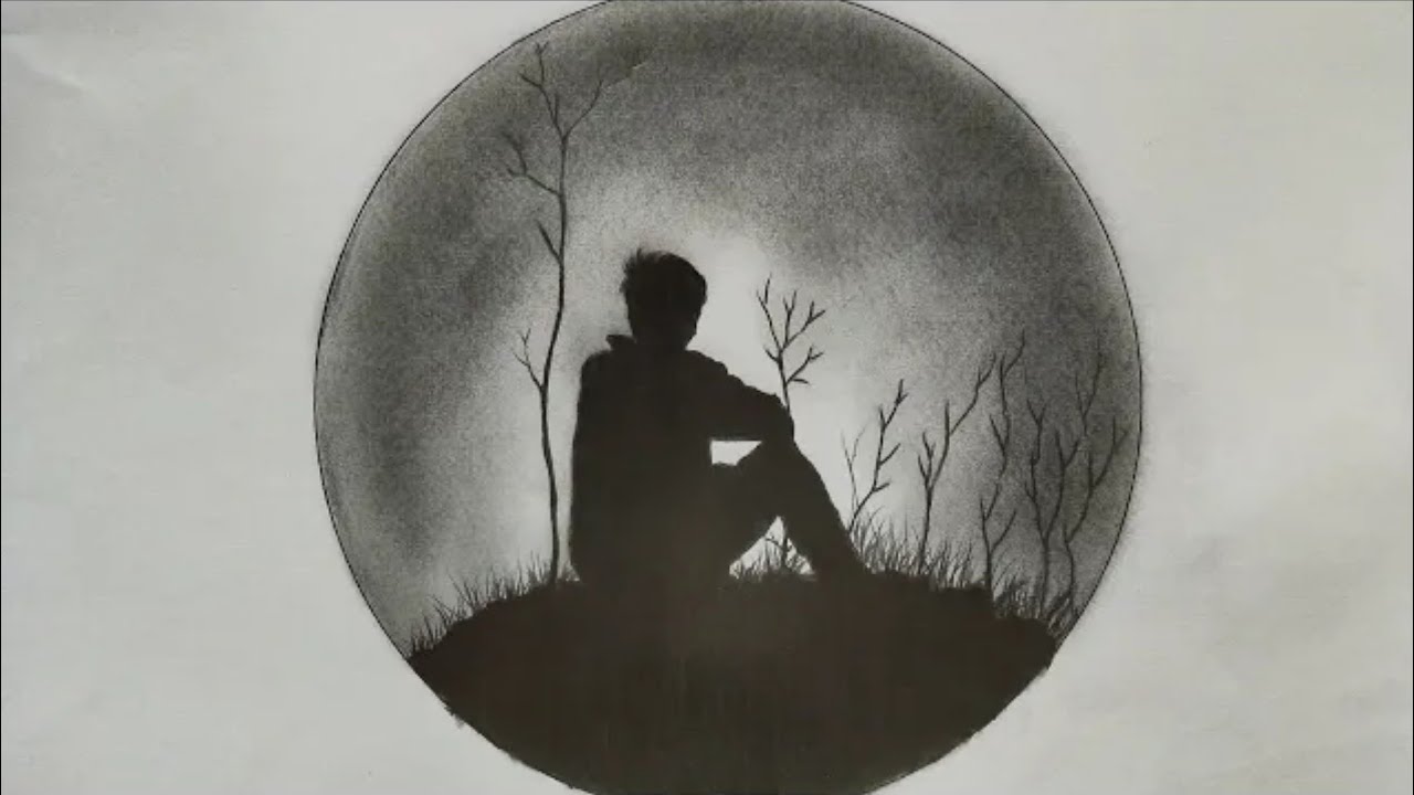 Alone boy drawing for beginners / step by step boy sitting alone scenery drawing : )