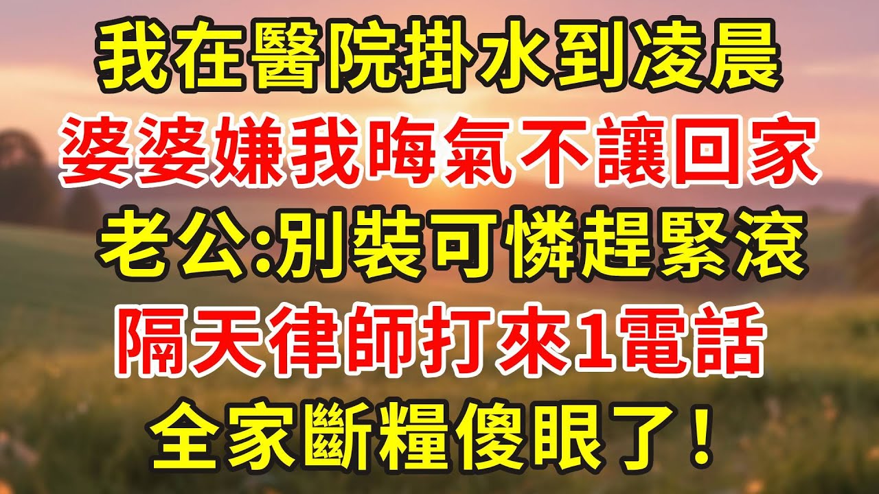 我在醫院掛水到凌晨，婆婆嫌我晦氣不讓回家，老公:別裝可憐趕緊滾，隔天律師打來1電話，全家斷糧傻眼了！#小說 #人生感悟 #故事分享 #故事頻道 #正能量 #情感故事 #情感 #感情