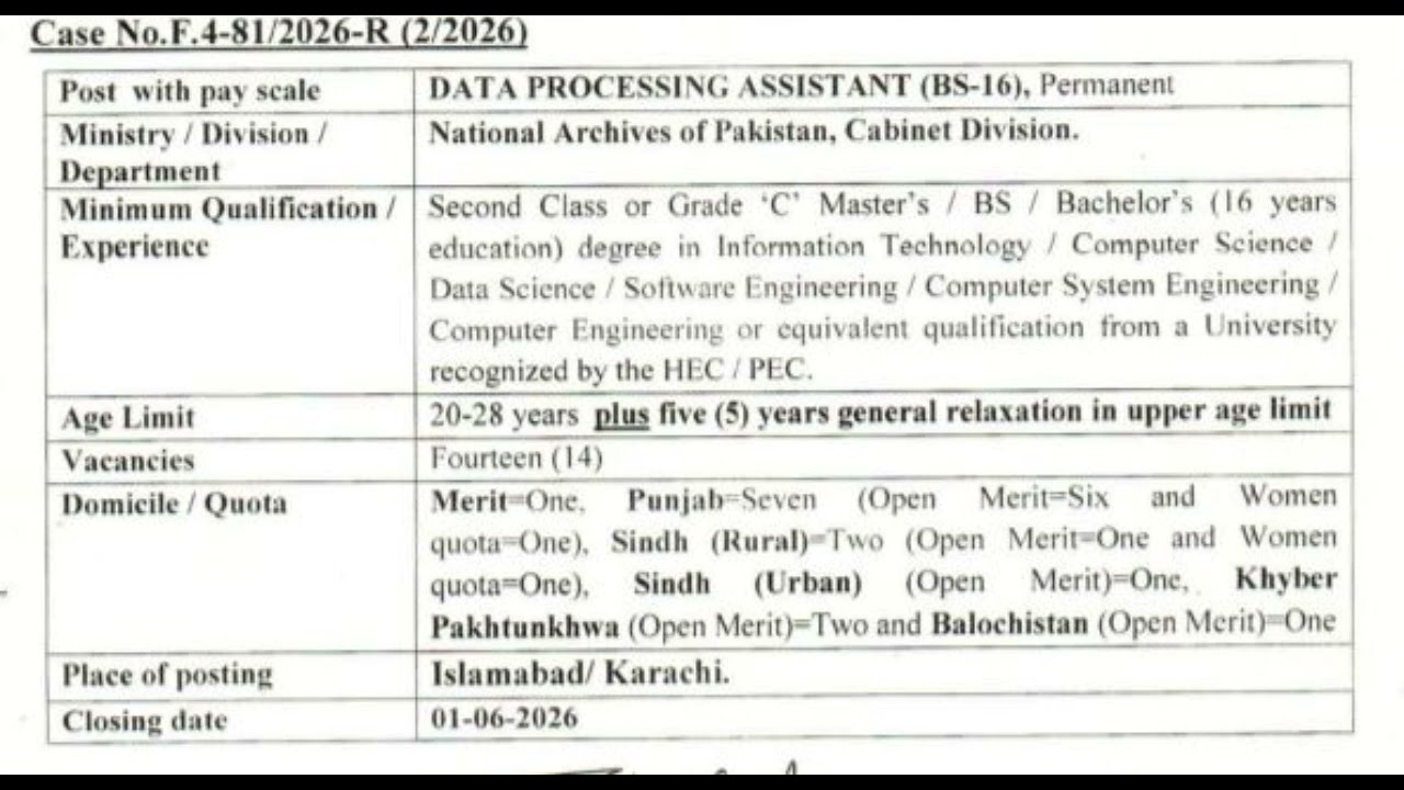 Data Processing Assistant Job | Jobs in Pakistan Cabinet Division 2026 | Latest Jobs | Apply Online 