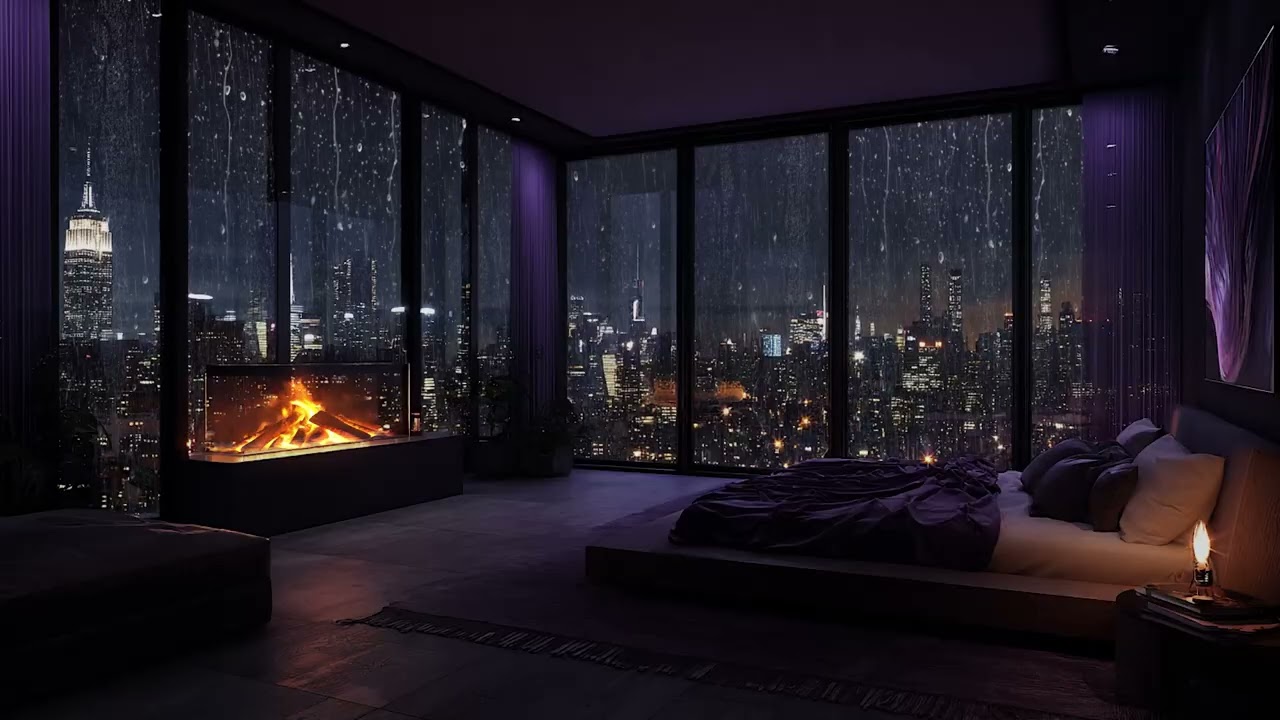 Rainy Midnight Atmosphere 🌙 | Gentle Piano & Fireplace Sounds for Study and Sleep