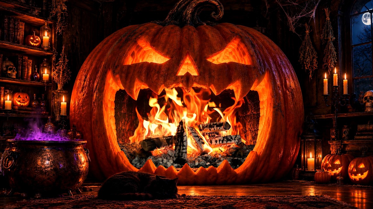 Giant Pumpkin Halloween Fireplace 4K 🎃🔥 | Spooky Fire Sounds & Witch's Cottage Ambience (12 Hours)