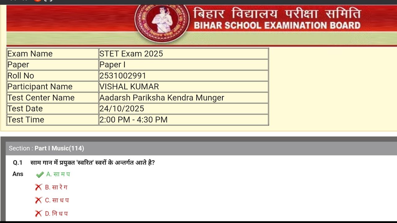 Bihar Stet 2025 answer key music subject question analysis 