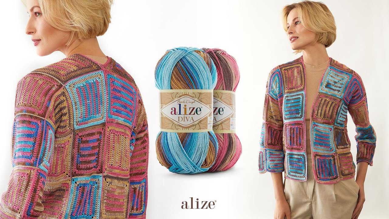 Вязаный крючком сезонный кардиган с Alize Diva Batik