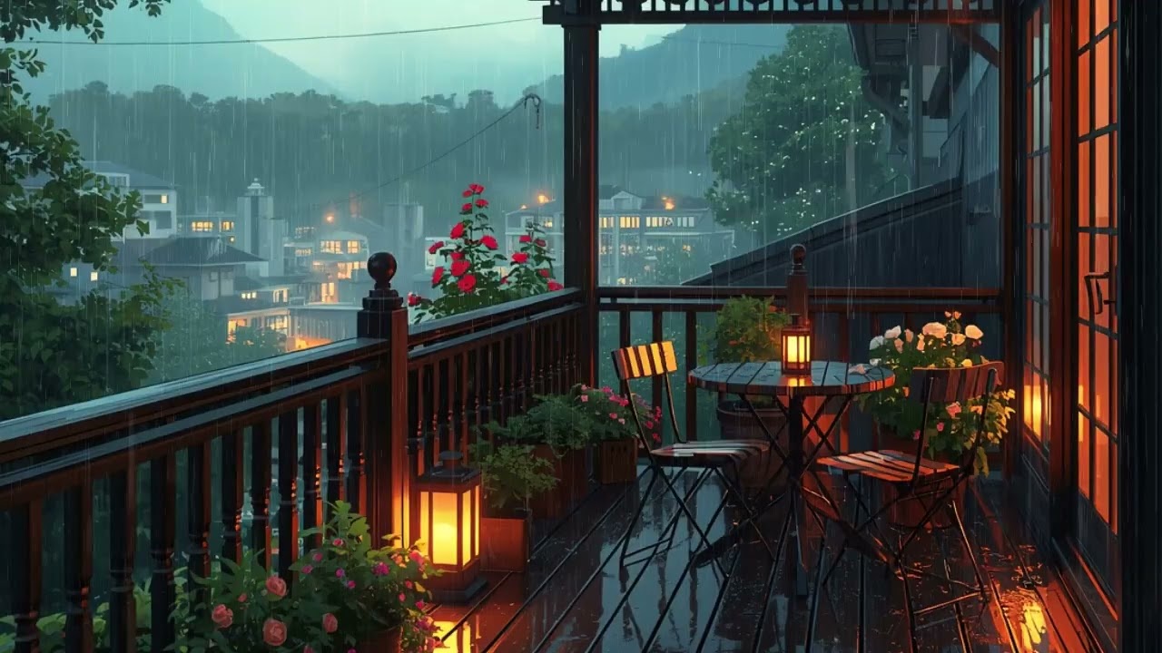Cozy Tokyo Balcony in the Rain 🌧️☕ Soft Lights & Calm City | Lofi Focus Music