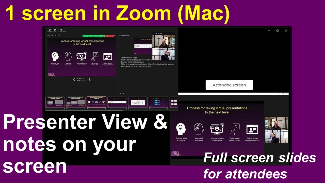 1 screen in Zoom on Mac: you see notes in Presenter View; audience sees full screen slides