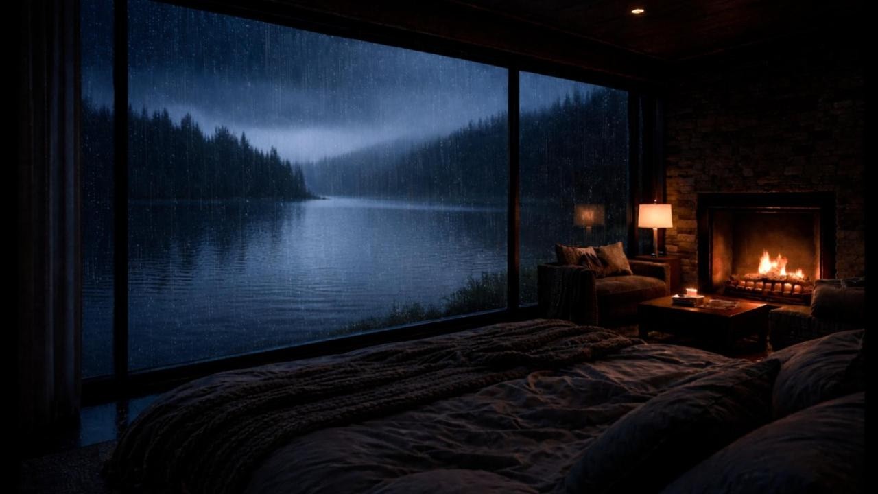 5 Hours of Heavy Rain on a Calm Lake 🌧 Cozy Fireplace for Deep Sleep