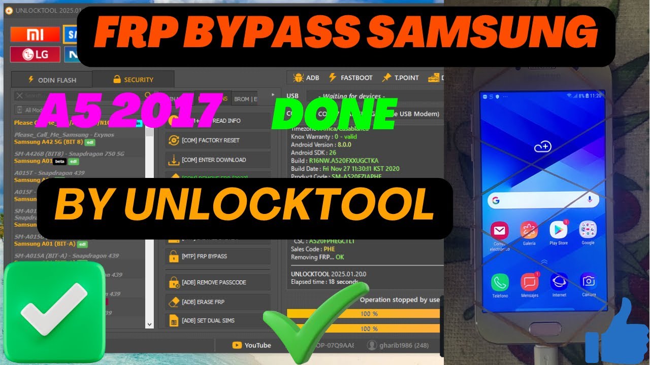 FRP BYPASS SAMSUNG A5 2017  BY UNLOCKTOOL DONE
