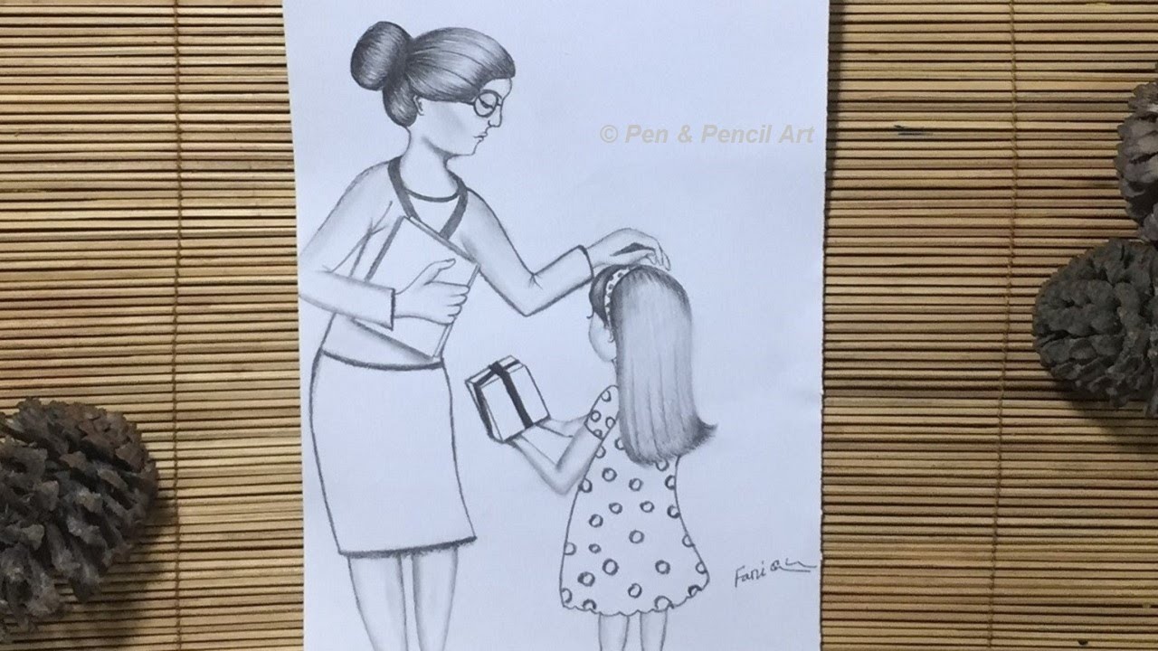 Teacher's Day Drawing // How to draw a Student giving Gift to the Teacher // Pencil Sketch