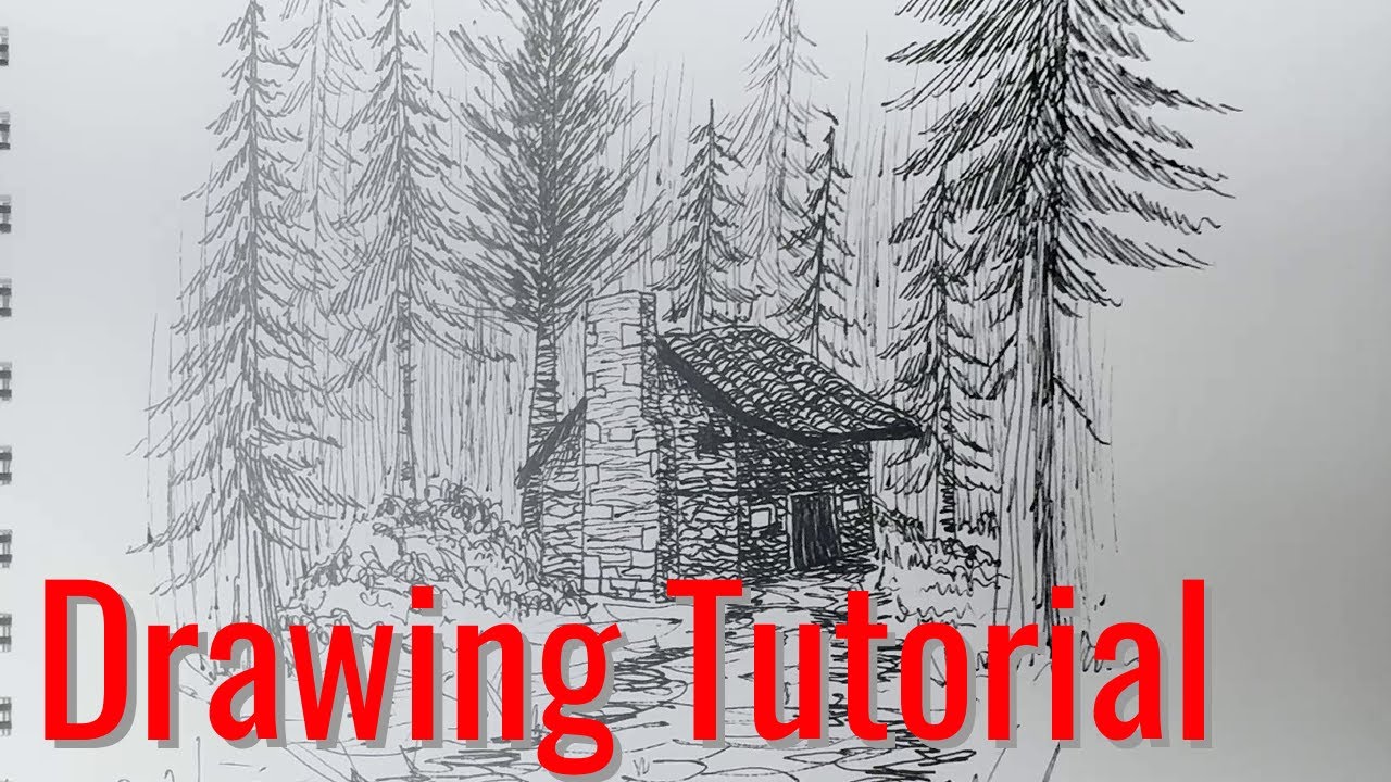 How to Draw a Cabin in the Woods Landscape Drawing Tutorial - No Talking/Music