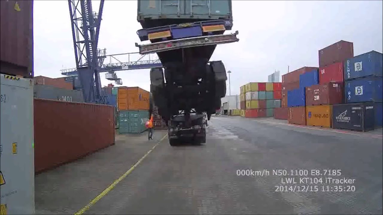 Truck lifted up at container dock