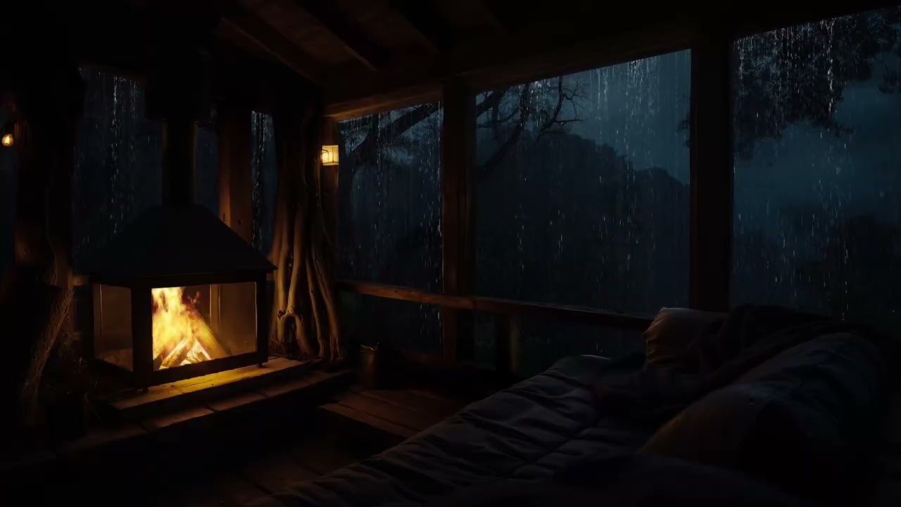 Cabin Night and Warm Fireplace help to Sleep well and Relaxation on Rainy Night Forest
