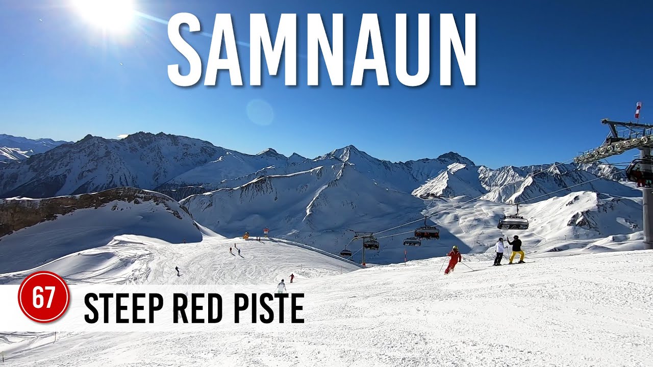 Skiing steep red piste 67 in Ischgl Samnaun