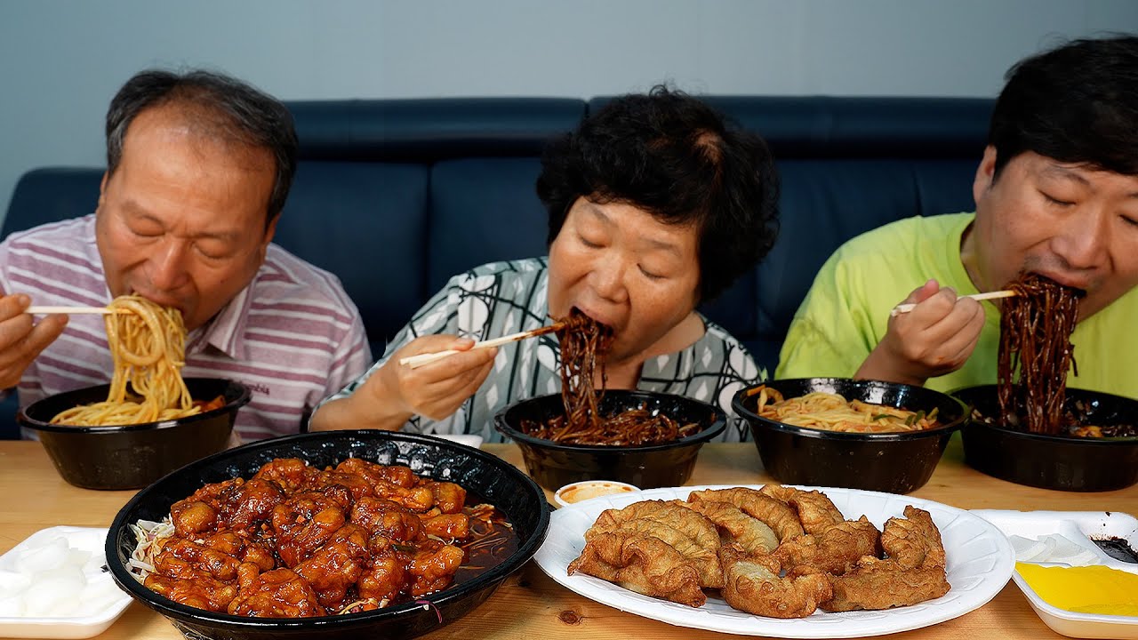 Jajangmyeon, Jjamppong, жареные острые креветки - кулинарное шоу Mukbang
