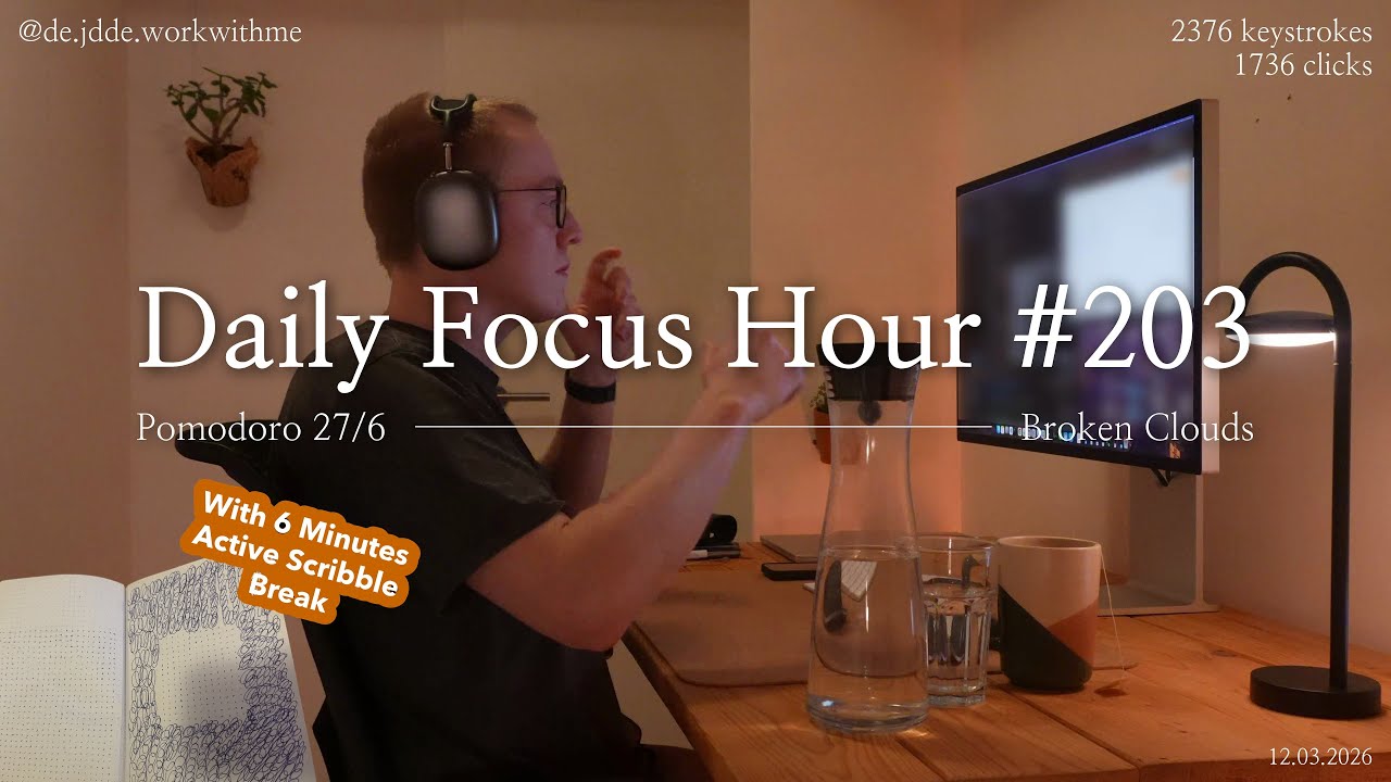 Daily Focus Hour | 2026-03-12T04:43:10 | Work With Me |Pomodoro 27/6| Partly Cloudy⛅ +Typing&Timer