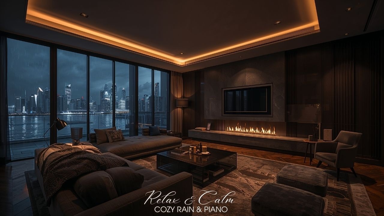 Luxury River Rain & Soft Piano 🌧️🎹 | Modern Fireplace Lounge | Deep Sleep 24/7