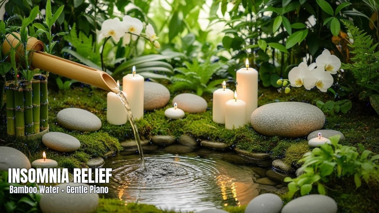 Insomnia Relief: Bamboo Fountain Sounds + Gentle Piano (No Talking) • Live Soundscape