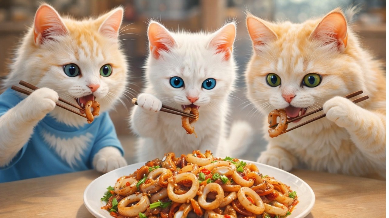 cat family cooks stir fried squid