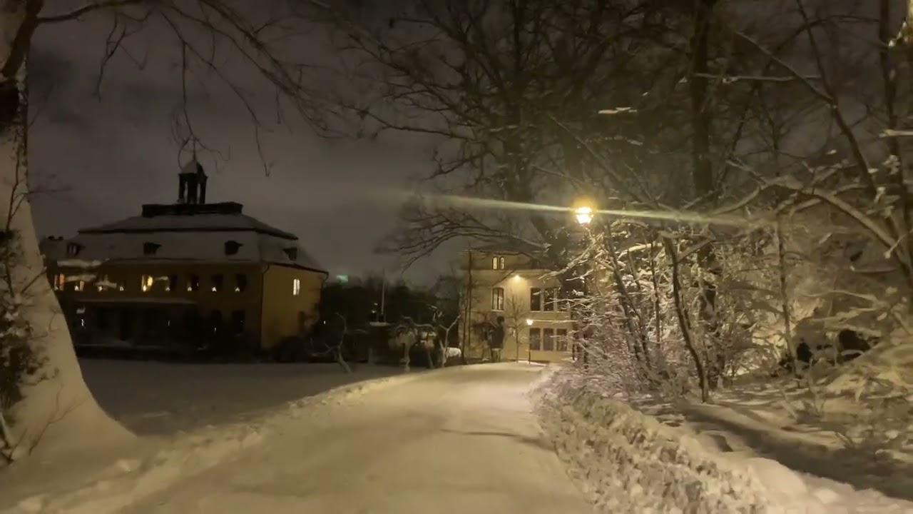 Stockholm walks. En kort promenad runt parken en vinterkväll efter ett snöfall. 