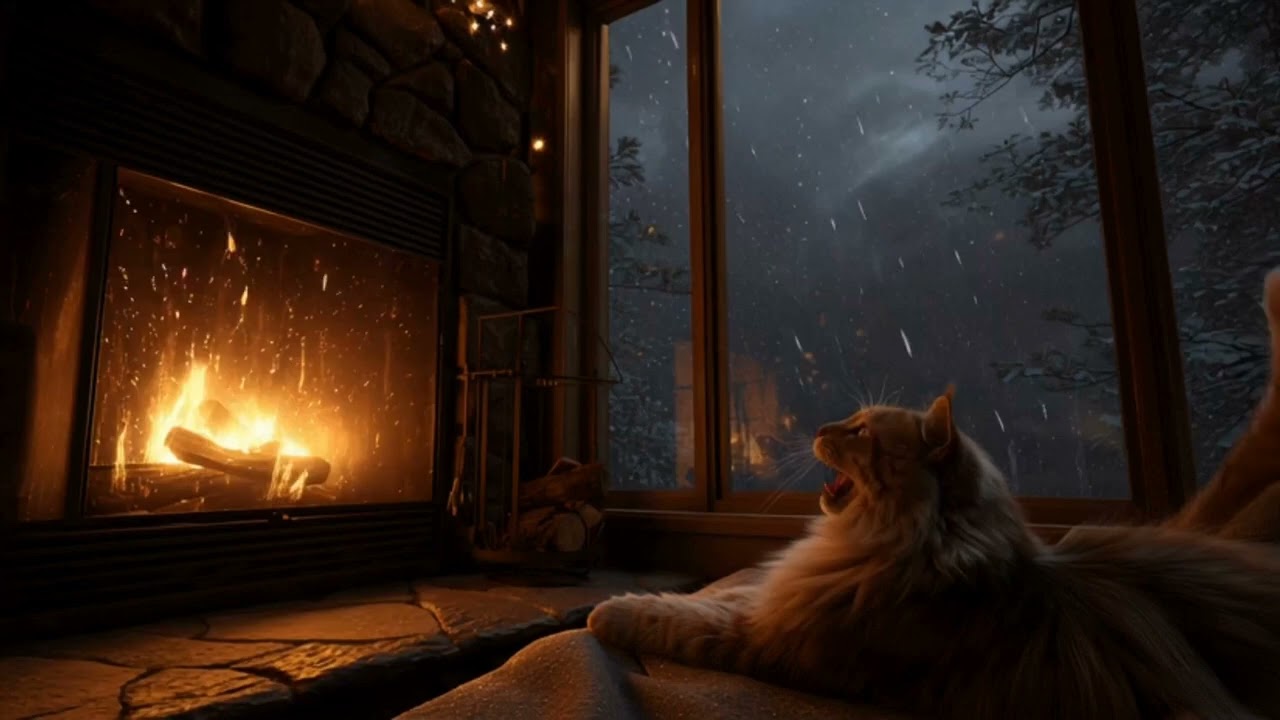 🔥rainy day fireplace : rain, thunder and burning crackling sounds