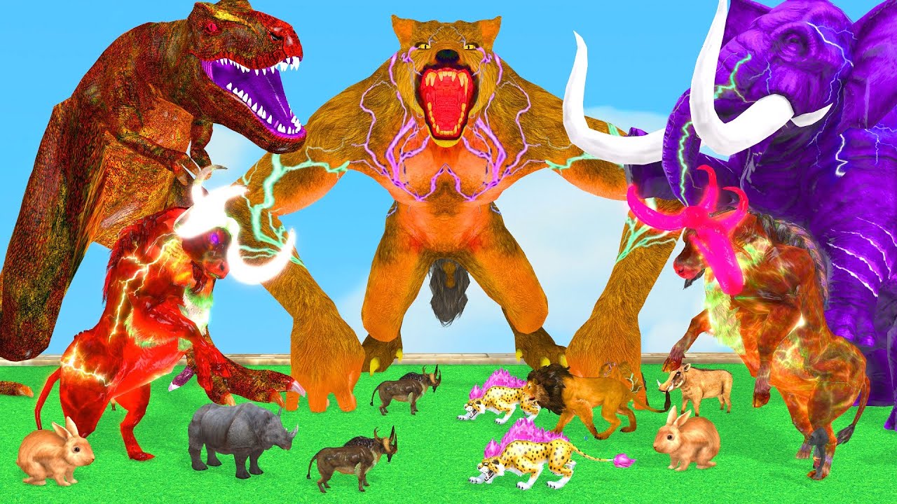 4 Giant Elephant Cow vs 8 Hybrid Tiger Wolf Lion vs Gorilla Fight Buffalo Saved by Woolly Mammoth