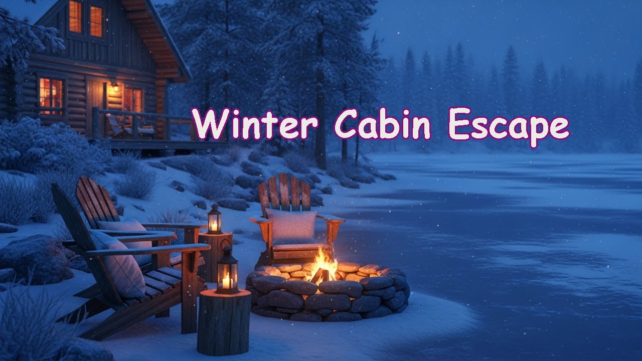 Winter Cabin Porch Ambience | Crackling Fire Pit & Snow Falling for Study