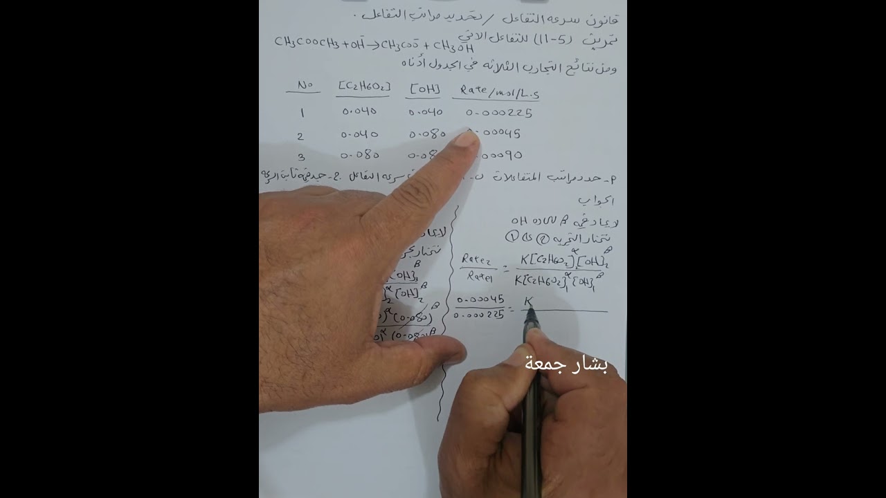 الخامس العلمي / الكيمياء / الفصل الخامس/ قانون سرعة التفاعل / تحديد مراتب التفاعل / تمرين (5-11)