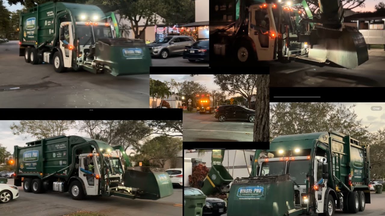 A Waste pro Mack LR EZ-Pack Curtrro can bridge-stone 0155521 on night trash