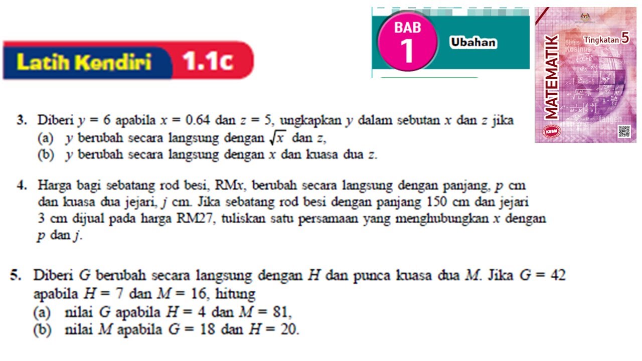 KSSM Matematik Tingkatan 5 Ubahan latih kendiri 1.1c no3-no5 ubahan langsung bab 1 variation