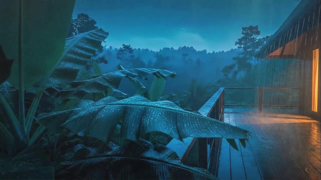 Sleep Now with Gentle Rain and Distant Thunder Murmur at Cabin Terrace 🌧️